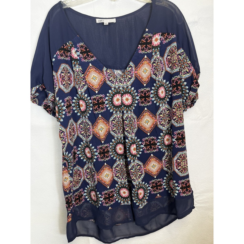 Vintage DR2 Blouse Womens M Blue Multicolor Short Sleeves V Neck Hi Low Design